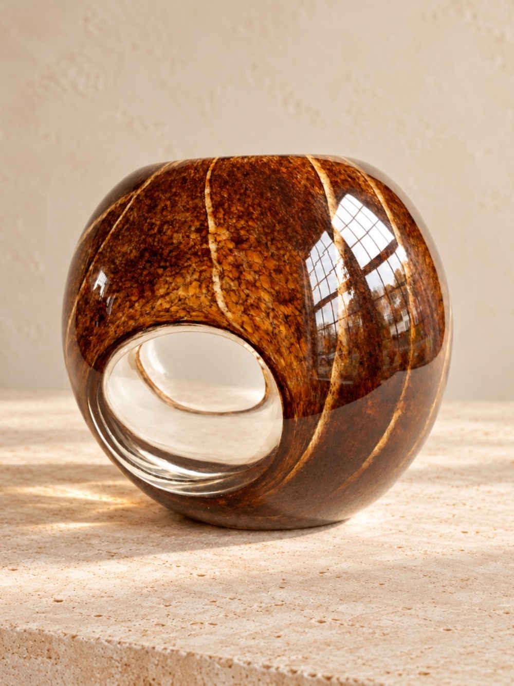 Hand Made Home Design brown art glass vase with clear peekaboo opening